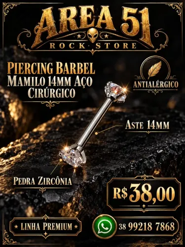Piercing barbel reto 14mm pedra zircônia aço cirúrgico 