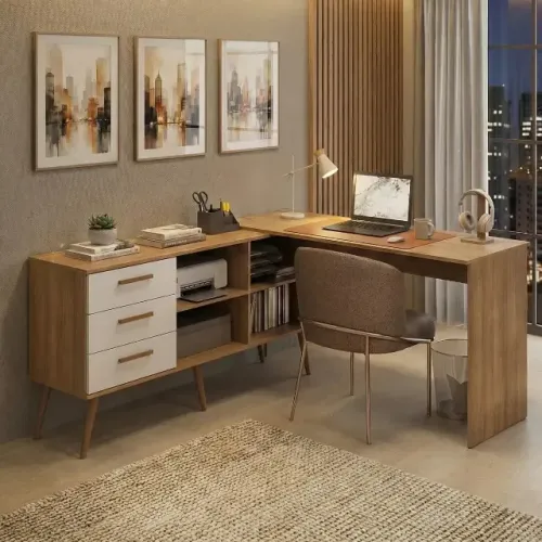 Mesa de Escritório em L com 3 Gavetas Porto Multimóveis MP6044 Madeirado/Branco