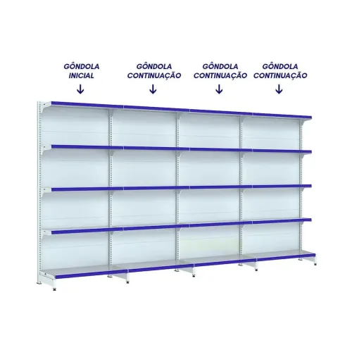 Prateleiras gondola 8 módulos, cada módulo 98 cm de largura
