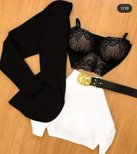 Conjunto Feminino Luxo - Blazer + Cropped Rendado + Saia Shorts