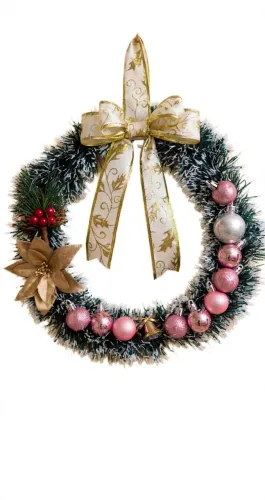 Guirlanda de Natal Rosa e Dourada 25cm Luxo com Laço Branco e Dourado