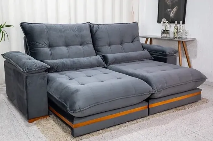 Sofá Retrátil Reclinável 2.50m Ibis Veludo Cinza 814 - D33 e Molas Ensacadas rf54