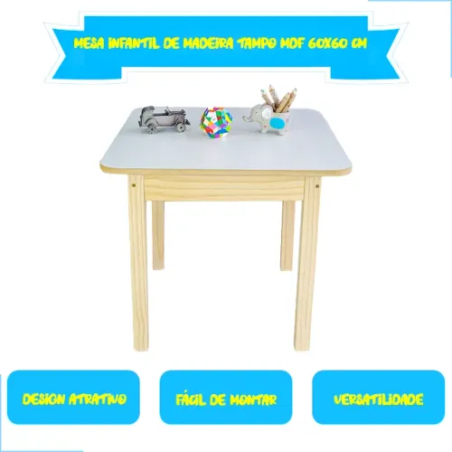 Mesa Infantil De Madeira Sem Pintura Com Tampo De Mdf Branco