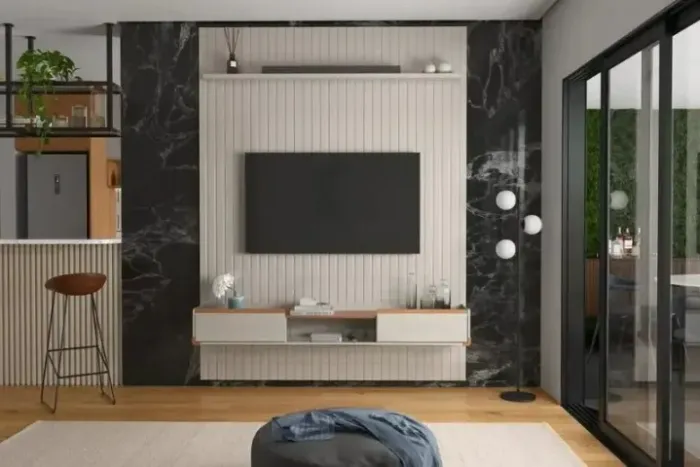 Painel Para Tv Até 75 1,91m Frisado Oslo C/ Nicho Bless Off White/Freijó - Em Oferta