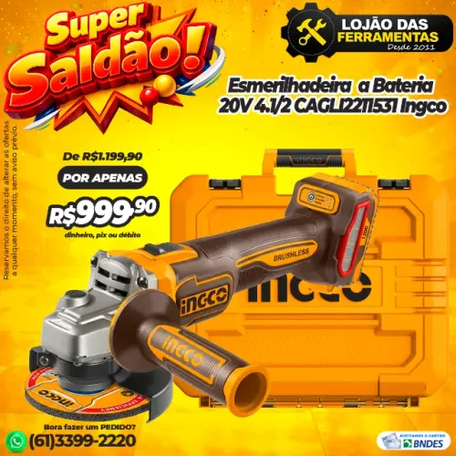 Esmerilhadeira Angular a Bateria 20V 4.1/2 CAGLI2211531 Ingco