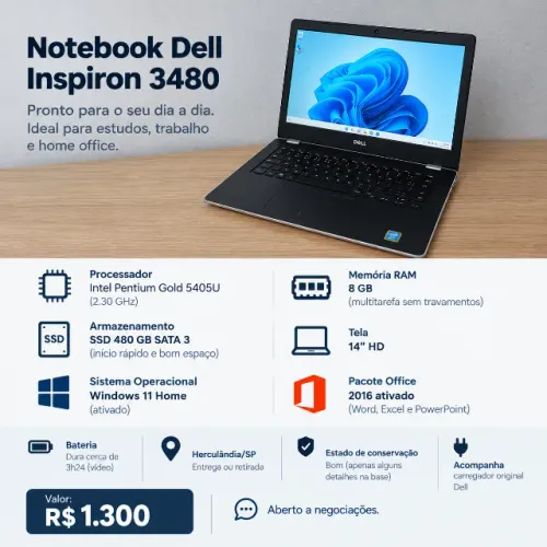 NOTEBOOK DELL INSPIRON 3480 - SSD 480GB + 8GB RAM
