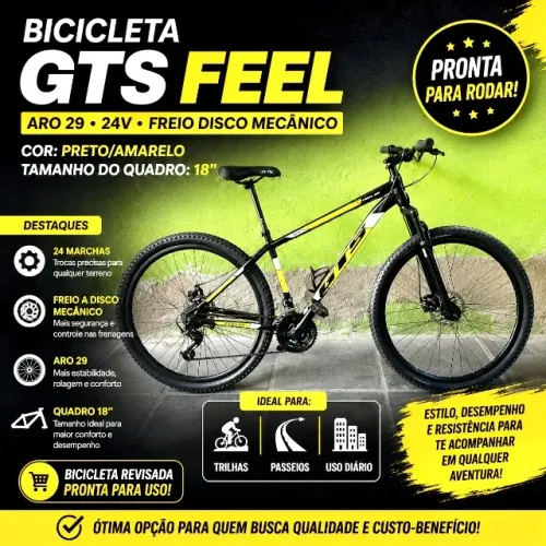 Bicicleta Gts Feel Aro 29 24v Freio Disco Mecânico Cor Preto/amarelo Tamanho Do Quadro 18