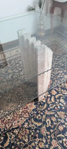 Mesa vidro retangular, base mármore travertino, dois vidros, para 6 ou 8 cadeira