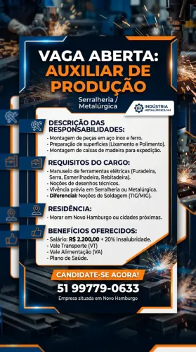 Auxiliar de produção Serralheria/Metalúrgica, com experiência