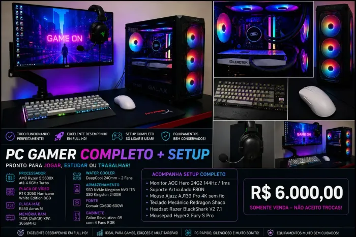 PC GAMER COMPLETO + SETUP - RYZEN 5 5600X + RTX 3050 8GB