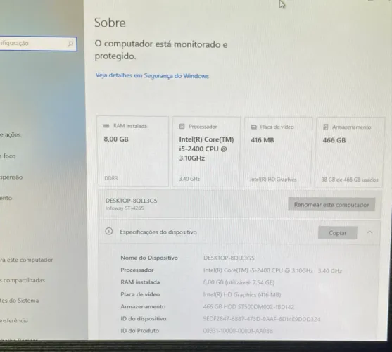 Pc completo core i5 8gb ram, monitor 19 polegadas 740,00