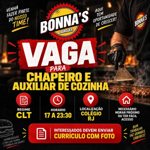 Vaga Chapeiro e Auxiliar de Cozinha - CLT - Colégio/RJ