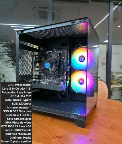 PC Gamer Core i5 GTX 1050 T.I Asus no gabinete aquário 