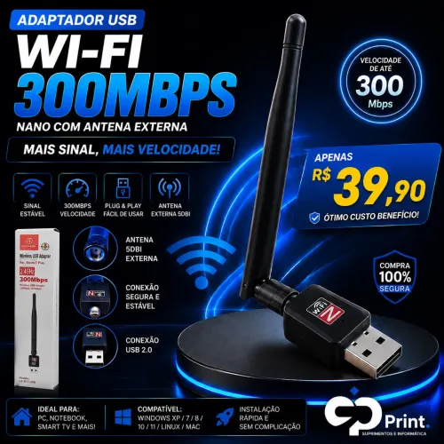 Adaptador Wi-Fi USB 300Mbps com Antena de Alto Ganho | Melhore o Sinal do PC