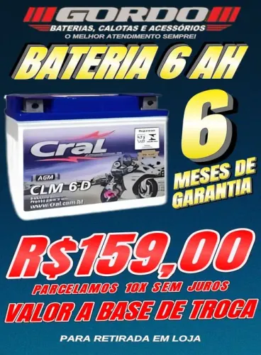 Bateria de moto 6 ah por R$159,00. Nova com 6 meses de garantia