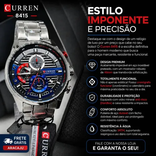 Relógio Curren todo funcional de luxo a prova d'água em aço inoxidável