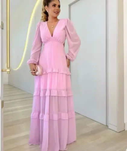 Vestido longo rosa com mangas longas - Elegante
