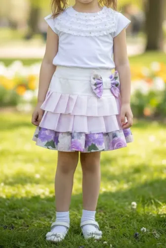Conjunto menina saia de babados e blusa branca com renda tam gg