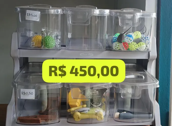 Dispenser Expositor de Balcão Plast Pet PVD cinza com 6 potes Pet Shop