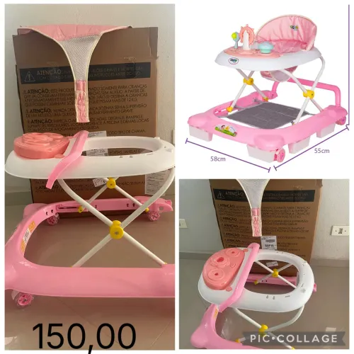 Andador Infantil Musical Para Bebê Rosa, completo, na caixa.