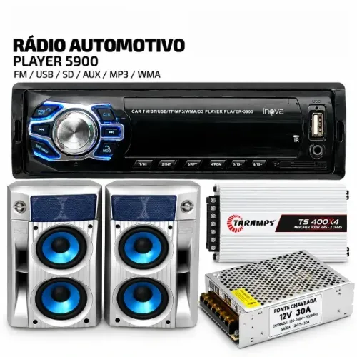 Som automotivo com caixa e modulo fonte 12v 30A