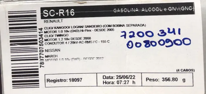 Jogo cabos renault Logan Sandero 1.0 16v