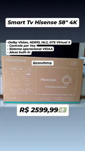 Smart Tv Hisense, 58" 4K, HDR10, Alexa, Controle por Voz, lacrada, nf e 1 ano de garantia