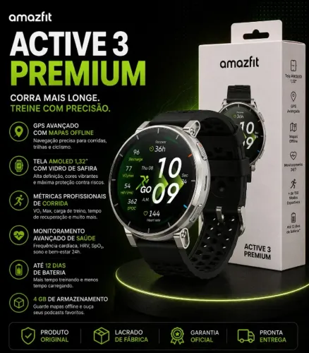 Amazfit Active 3 Premium Original Com Tela AMOLED e 170 Esportes