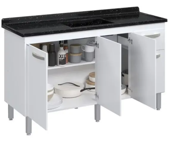 Balcão de Cozinha / Armário Multiuso 1,43m - 4 Portas e 1 Gaveta (Branco e Preto)