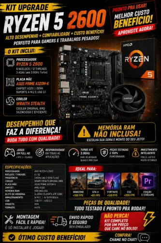 KIT RYZEN 5 2600 + ASUS A320M-K | 6C/12T | PRONTO PRA USAR | ÓTIMO CUSTO BENEFÍCIO