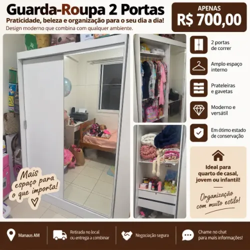 GUARDA-ROUPA 2 PORTAS DE CORRER R$ 700