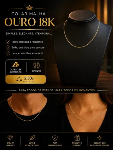 Colar Ouro 18K Malha Fina Unissex - 2,33g - Elegante e Atemporal