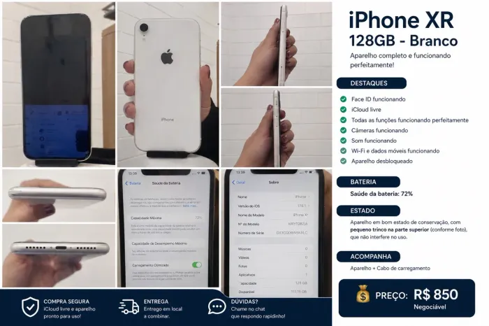 ? iPhone XR 128GB Branco | Face ID OK | iCloud Livre | 