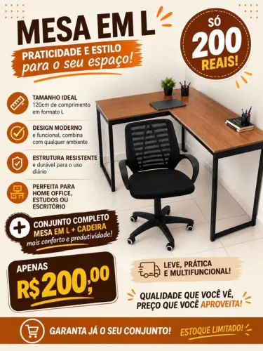 MESA EM L E CADEIRA PARA ESCRITÓRIO