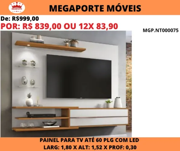 Painel P/Tv 60 Plg com Prateleira de Vidro e Led