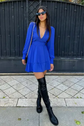 vestido azul manga longa p