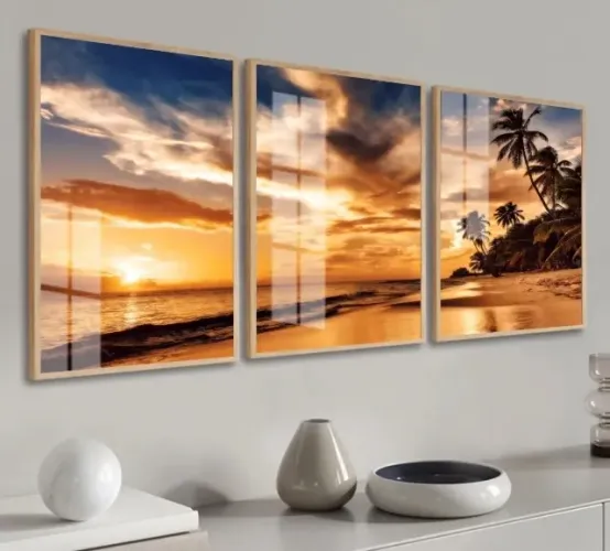 Kit 3 Quadros Decorativos Pôr Do Sol Paisagem Moldura Vidro
