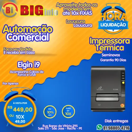Impressora Termica Elgin i9 - USB - Serial - Guilhotina - Em ate 10x Fixas