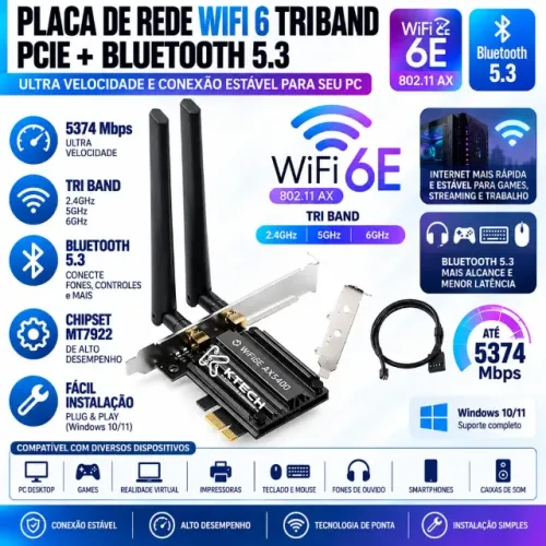 Placa de Rede Wi-Fi 6E AX5400 PCIe com Bluetooth 5.3 Fenvi