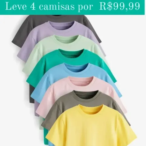 Kit com 4 Camisa Básicas Lisa 100% Algodão Penteado 
