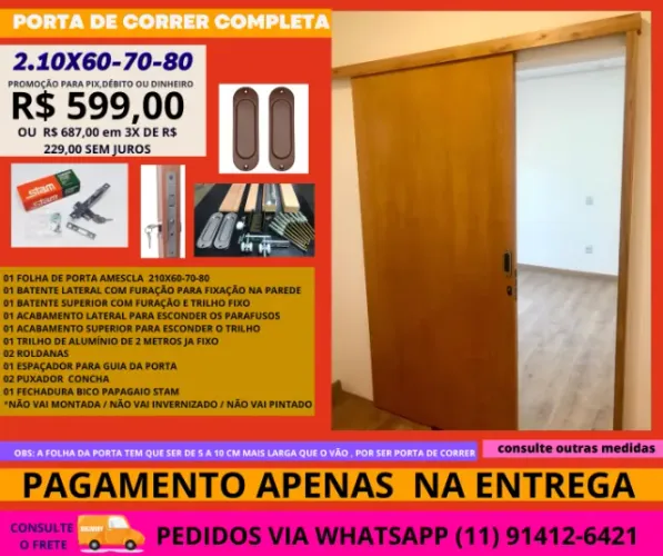 Porta de correr suspensa completa 2.10x60 - entregamos zs-zl-zo-zn-abc frete a-c