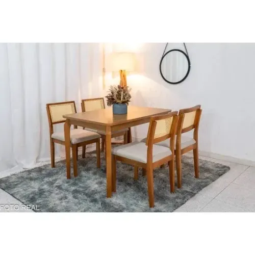 Mesa de Jantar Alegra Tampo 120×80 4 Cad. Jade Linho Bege Madeira Maciça
