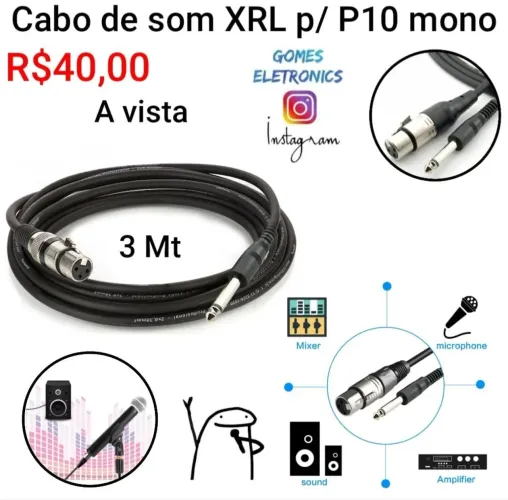 Cabo P10 Mono/xlr Fêmea 3mts P/ Microfone, mesa e outros (Loja fisica)
