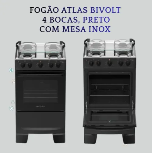 Fogão ATLAS Bivolt 4 Bocas, Preto com Mesa Inox