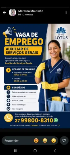 Vaga para Auxilia de Serviço Gerais 
