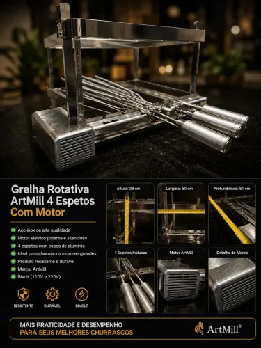 Grelha Rotativa ArtMill 4 Espetos com Motor Bivolt em Inox