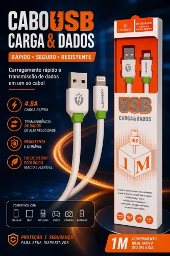 "Carregamento turbo de 4.8A e alta durabilidade em um só cabo! USB Lehmox de 1 metro."