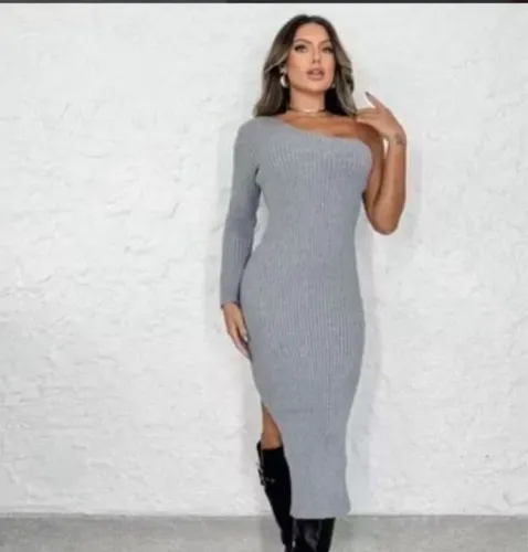 Vestido Modal Ombro único/Mula Manca Cinza