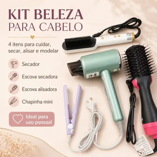 Kit Cabelo 4 Peças - Secador + Escova Secadora + Chapinha + Escova Alisadora