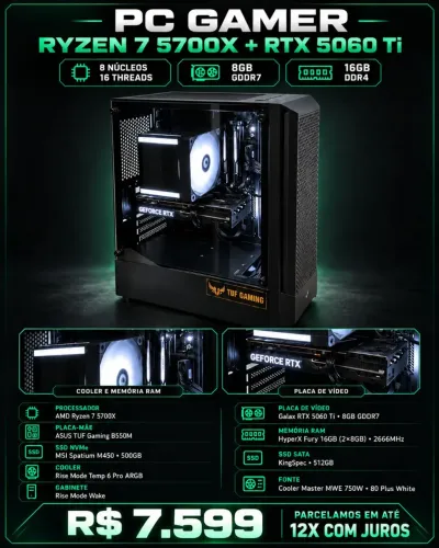 PC Gamer Ryzen 7 5700X + RTX 5060 Ti 8GB | 16GB RAM | SSD 1TB